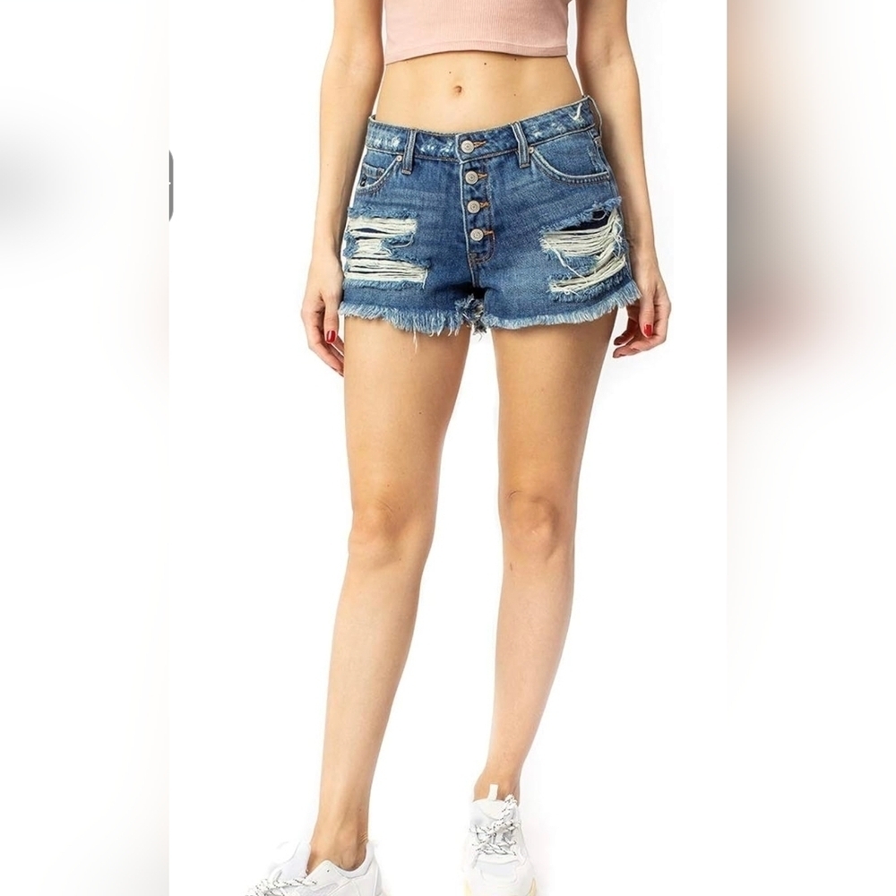 KanCan Blue High-Waisted Distressed Jean Shorts